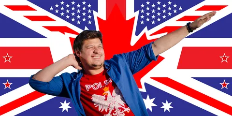Konrad over the British, Canadian, American, Australian and New Zealand flags