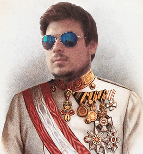 Illustration of Konrad in a ceremonial military uniform and sunglasses