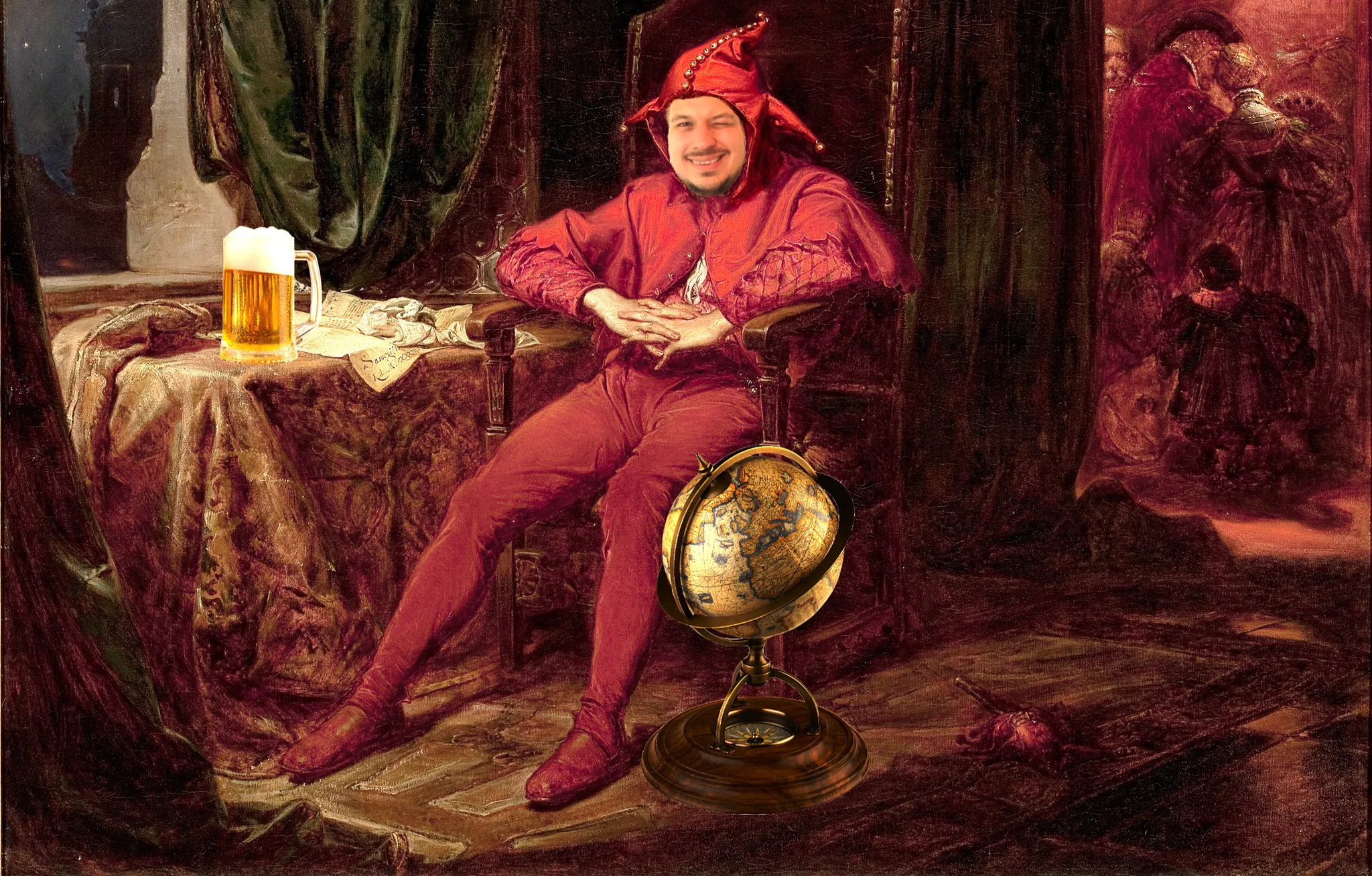 Konrad as the court jester in Matejko's Stańczyk, seated in an armchair with a mug of beer on the table