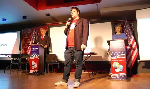 Konrad at the microphone during US election night at Jagiellonian University, Kraków, 2016